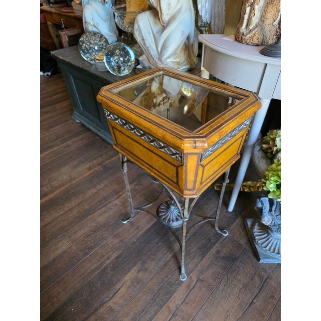 Leather and Glass Display Case End Table With Iron Base For Sale - Image 9 of 11