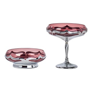 1930s Set of 2 Art Deco Krome Kraft Candy Dishes - Amethyst - By Farber Bros For Sale