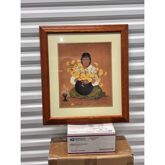 Yellow A Seated Indigenous Figure Holding a Large Cluster of Yellow flowers.Artist: Héctor Decont (Mexican, 20th Century) For Sale - Image 8 of 11
