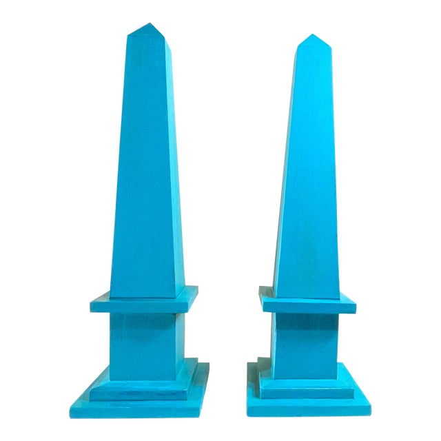 Pair of Hand-Painted Solid Wood Decorative Obelisks – Vibrant Turquoise Color For Sale