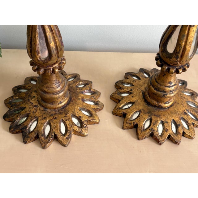 Mid 20th Century Spanish Florentine Candlesticks - Mirrored Wood, Gilt Gold, Vintage Candle Holders For Sale - Image 5 of 10