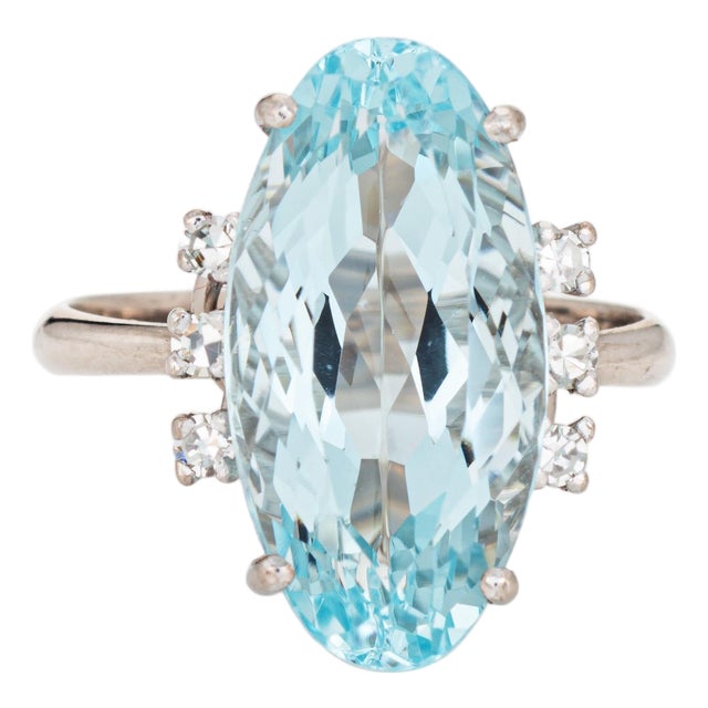 5.91ct Elongated Aquamarine Ring Vintage 18k White Gold Sz 5.75 Fine Jewelry For Sale