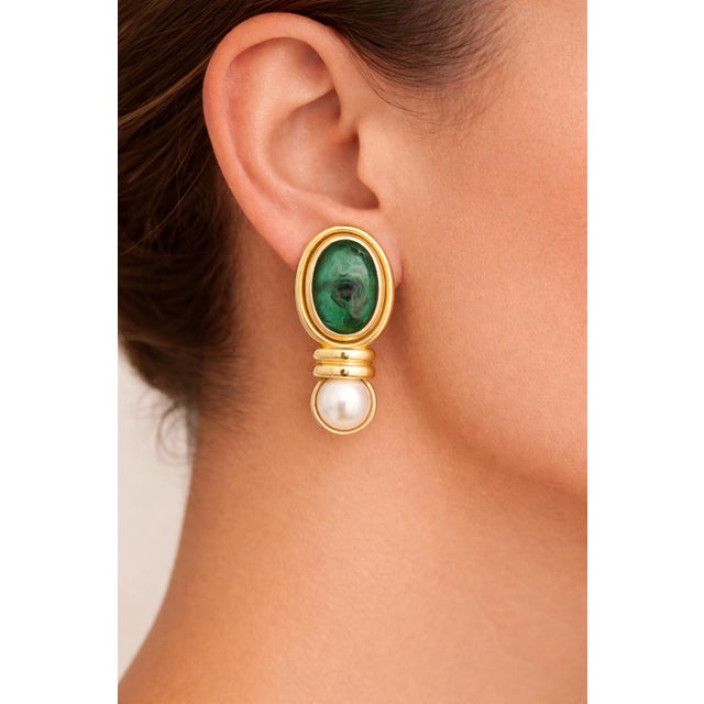 Italian 18K Yellow Gold Venetian Glass Intaglio & Pearl Clip-On Earrings For Sale - Image 12 of 12