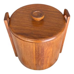 Mid-Century Danish Teak Ice Bucket With Carved Handles & Plastic Liner