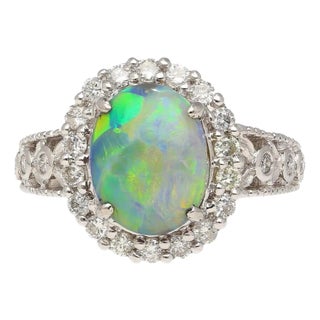 3.50 Carat Black Opal & Diamond Halo Platinum Filigree Ring Size 7.75 For Sale