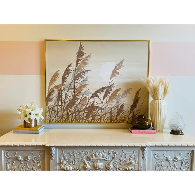 Beautiful textured earth tones Boho Chic large oil painting with brass frame by Lee Reynolds. Excellent condition.