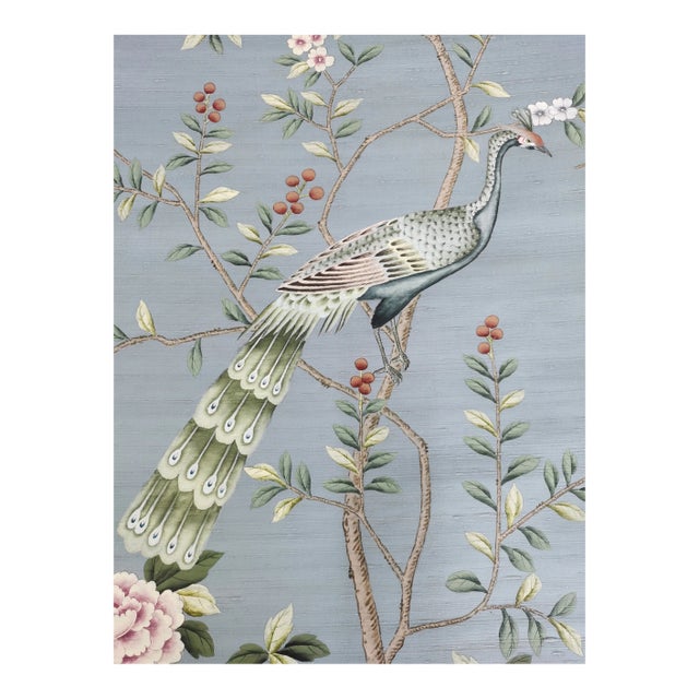 Hand-Painted Chinoiserie Peacock Wallpaper Panels – Luxury Floral Bird Mural, Elegant Botanical Wall Art, 2 Panels 34x44 For Sale