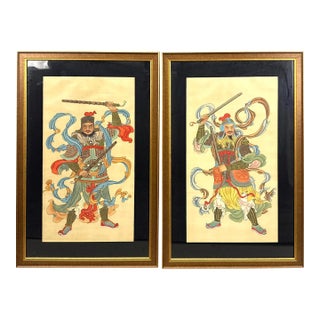 Pair of Vintage Chinese Gongbi Silk Paintings of Guardian Warriors For Sale