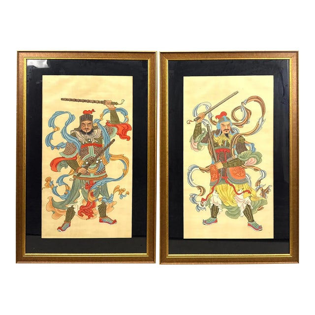 Pair of Vintage Chinese Gongbi Silk Paintings of Guardian Warriors For Sale
