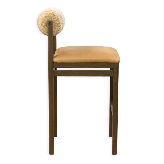 Brown Set of 4 Thayer Barstools by Maiden Home Dark Oak Wood Leather & Shearling Seats For Sale - Image 8 of 11
