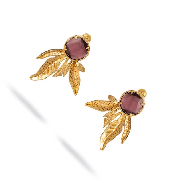 Modern Mocha Feather Cat Eye Stud Earrings, A Pair For Sale - Image 3 of 6