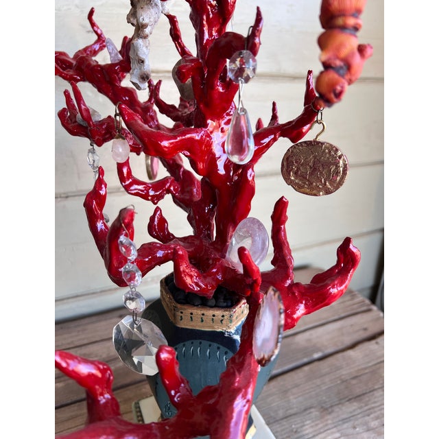 Wunderkammer-Style High-Quality Faux Red Coral Decorative Sculpture With Antique Pendants Handpainted Vase & Marble Base For Sale - Image 10 of 17