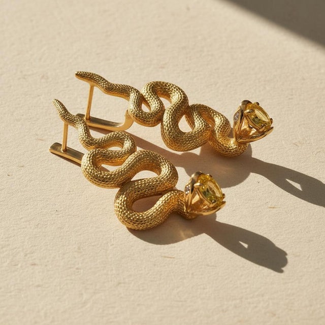 Yellow Massive Snake Earrings With Citrines in Opened Mouth, Pair For Sale - Image 8 of 9