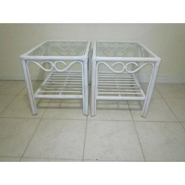 Coastal Coastal Bamboo Rattan White Coffee Table With Two End Table Glass Top Set of 3 For Sale - Image 3 of 12