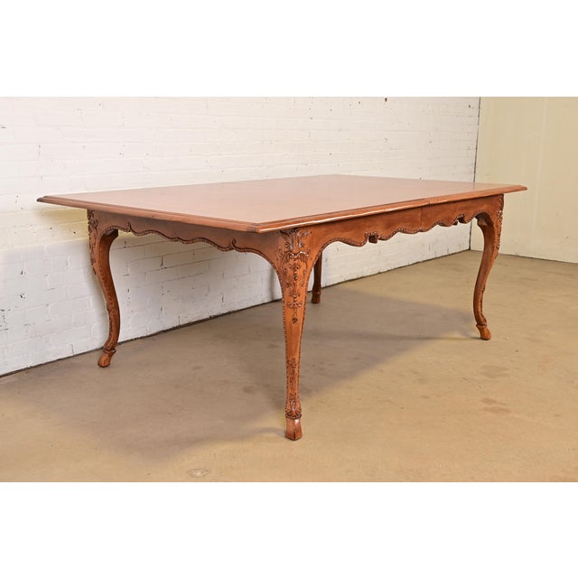 Baker Furniture Italian Provincial Carved Cherry and Burl Wood Extension Dining Table, Newly Refinished For Sale - Image 11 of 17