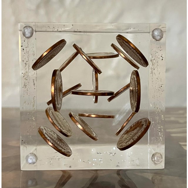 Lincoln 1971 Acrylic Pennies Block Lucite Paperweight For Sale In Seattle - Image 6 of 9