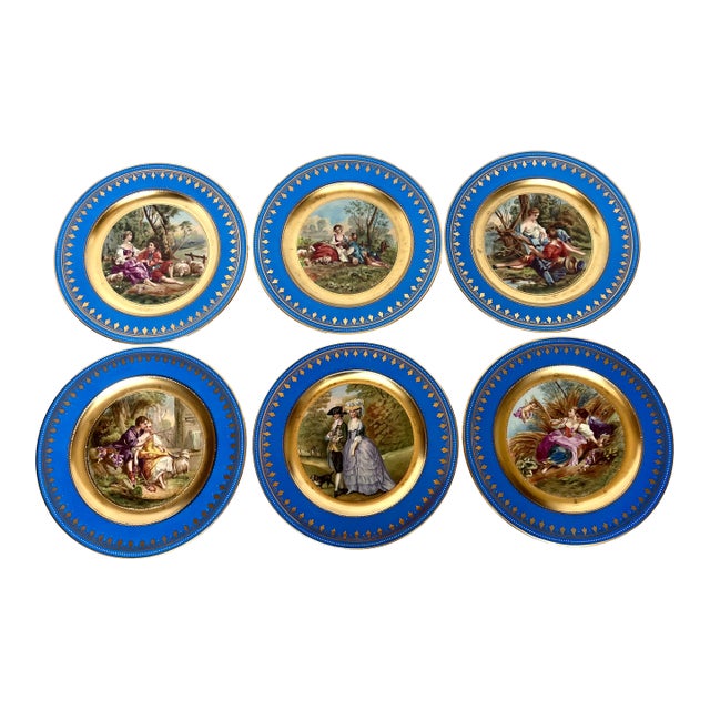 Antique 19th C. Royal Vienna Style 10.5" Cobalt & Gilt Signed Cabinet Plates - Set of 6 For Sale