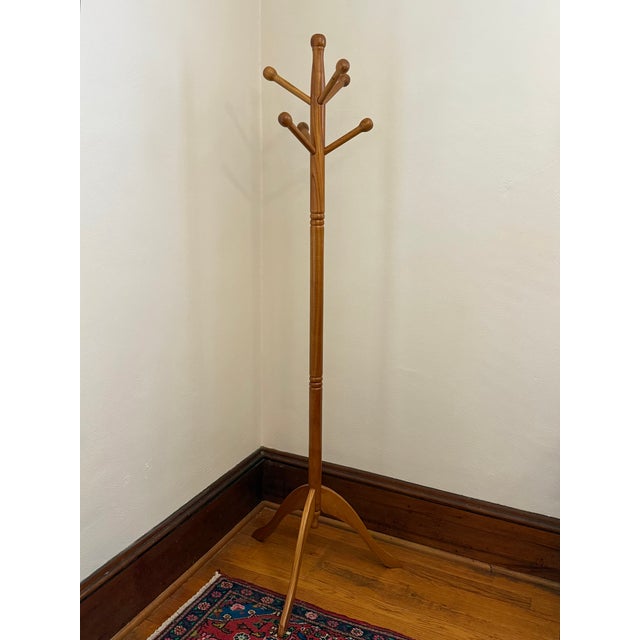 Vintage Oak Tripod Coat Rack With Turned Pole and Ball Pegs For Sale - Image 6 of 8