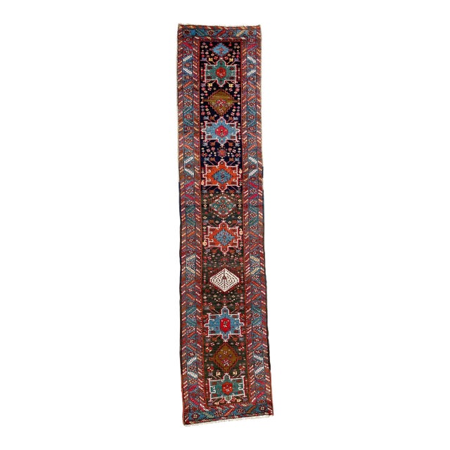 Antique Northwest Runner in Smokey Blackish-Blue Ground with Teals, Blues, Greens 3 x 13.10 For Sale