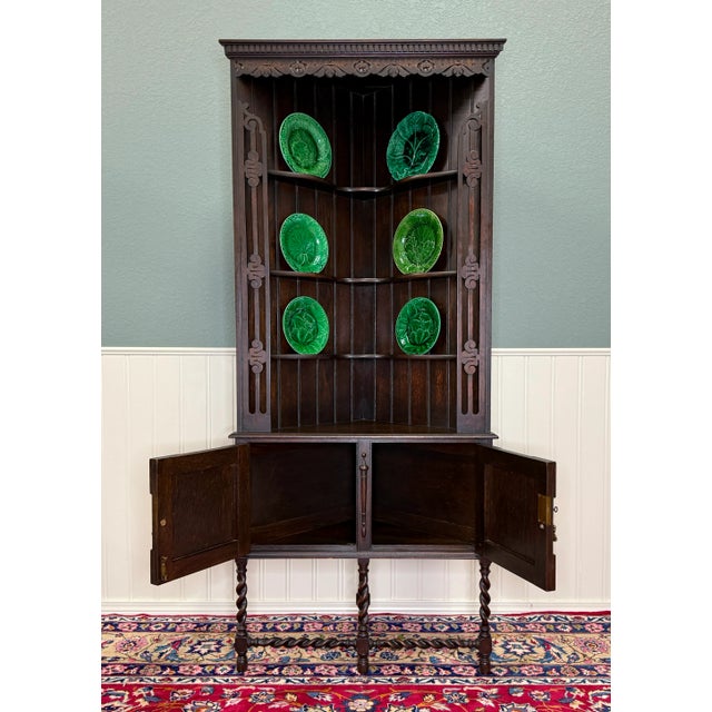 Jacobean Antique English Jacobean Corner Cabinet Barley Twist Legs Oak Key Tall 1920s For Sale - Image 3 of 18
