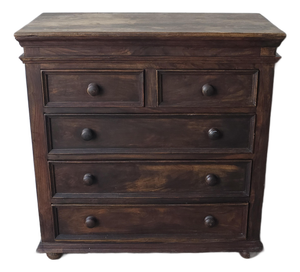 Large Rustic European Dark Wood 5 Drawer Dresser