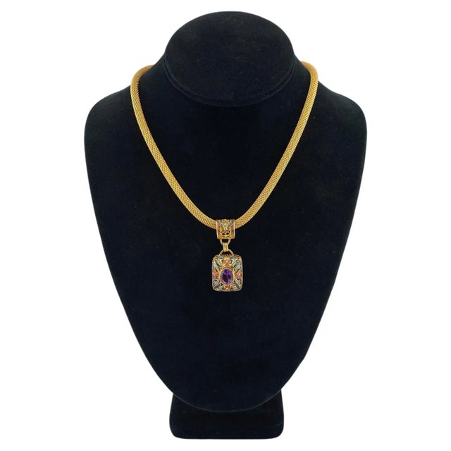 Vintage Amethyst Pendant Necklace & Earrings Set in Vermeil Cloisonné For Sale - Image 4 of 5