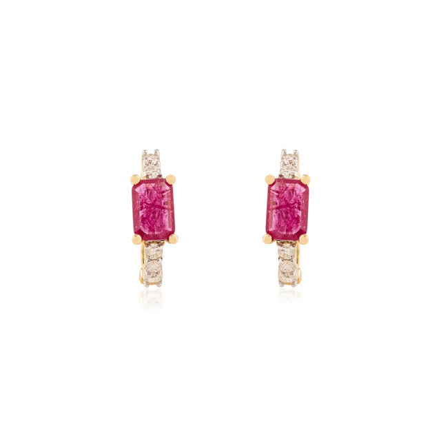 Art Nouveau Dainty 1.05 Ct Ruby & Diamond Huggie Hoop Earrings in 18k Yellow Gold- 2 Pieces For Sale - Image 3 of 13