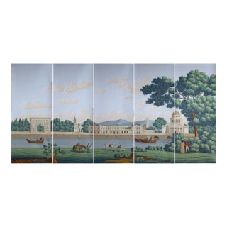 Hand Painted Vintage French Parisian Riverside Landscape Mural Panels | Set of 5 Panels 3ft×8ft Custom Panoramic Scenic Wallpaper For Sale
