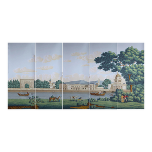 Hand Painted Vintage French Parisian Riverside Landscape Mural Panels | Set of 5 Panels 3ft×8ft Custom Panoramic Scenic Wallpaper