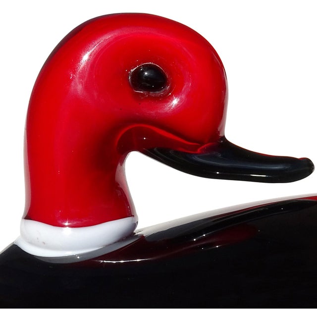 Mid-Century Modern Murano Vintage Red Black White Italian Art Glass Male Female Decoy Duck Bird Sculptures - A Pair For Sale - Image 3 of 9