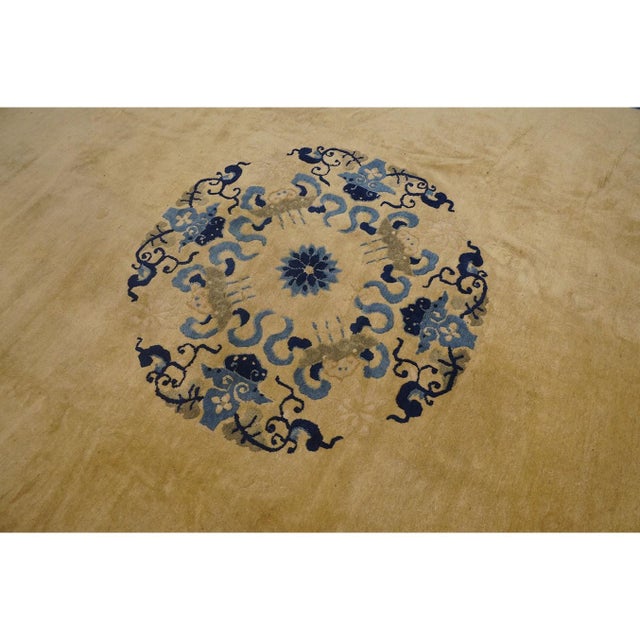 Chinese 1920s Beige Field Floral Deco Medallion Antique Chinese Peking Rug 10' X 11'6'' For Sale - Image 3 of 10