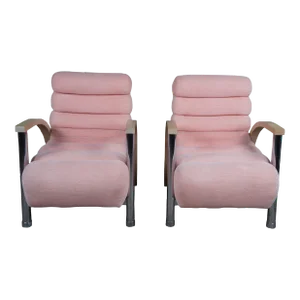 Mid 20th Century Jay Spectre Century Eclipse Salmon Pink Postmodern Chrome Club Lounge Arm Chairs - Set of 2
