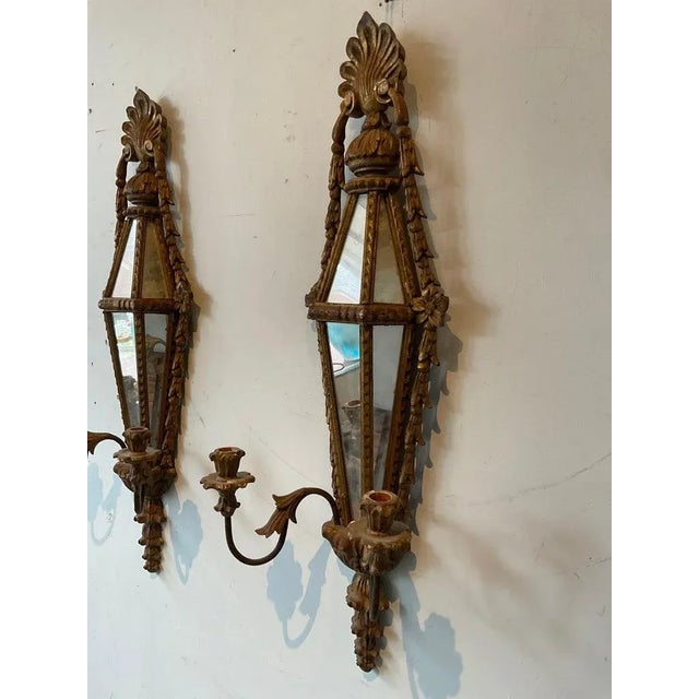 Italian 1960s Italian Carved Wood Mirrored Sconces - A Pair For Sale - Image 3 of 12