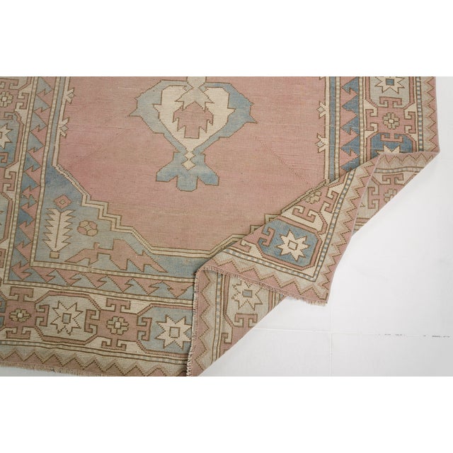 1950s Vintage Turkish Area Rug, Hand-Knotted Wool, Soft Pink and Blue Anatolian Rug For Sale - Image 5 of 10
