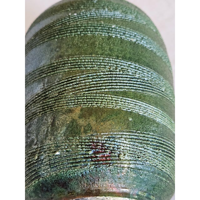 Mid-Century Modern MCM Ceramic Artisan Vase Green Raku For Sale - Image 3 of 6