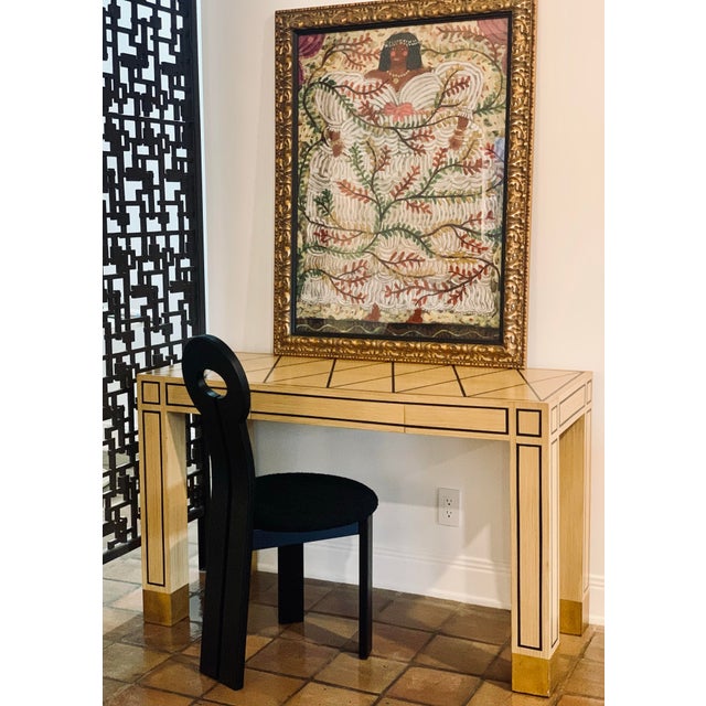 Vintage Rectangular Wood Parsons Style Console/Desk with Geometric Painted Design in Black, Circa 1970s. The dramatic...