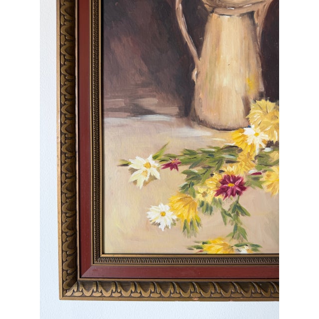 Wood Vintage Floral & Pitcher Still Life Oil Painting on Masonite - Framed For Sale - Image 7 of 13