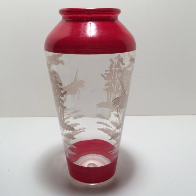 Asian Vintage Glass Hand Painted Asian Vase With Birds For Sale - Image 3 of 12