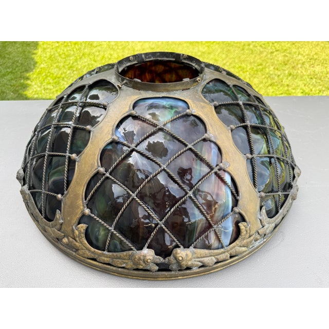 1960s Tiffany-Style Iridescent Glass & Bronze Turtleback Tile 26" Shade (Shade Only) For Sale - Image 4 of 18