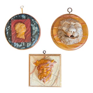 19th Century Grand Tour Neoclassical Hand Carved Plaster & Giltwood Faux Marble Wall Hanging Plaques - Set of 3 For Sale