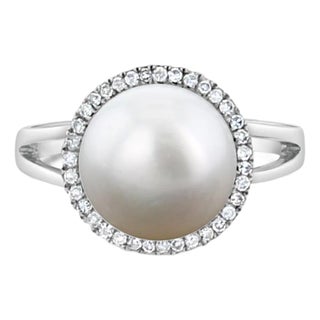 10MM Freshwater Pearl Diamond Halo Ring, Size 7 For Sale