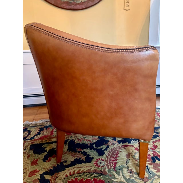 Tan 1930s Mid-Century Cognac Leather Loveseat + Pair of Barrel Chairs For Sale - Image 8 of 8