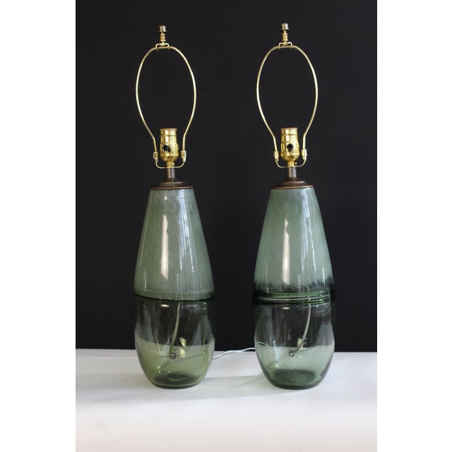 Mid 20th Century Mezza Murano Style Sage Green Lamps - a Pair For Sale - Image 10 of 11