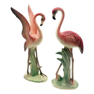 1950s Mid Century Modern Lookers Pink Flamingo Ceramic Tabletop Scultpure Set by Brad Keeler, 2 Pieces For Sale
