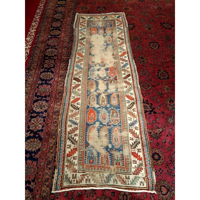 Blue Antique Caucasian Kazak Runner, Allover Paisley Pattern, Handwoven Wool, Blue & Ivory, 3’ x 9’ For Sale - Image 8 of 8