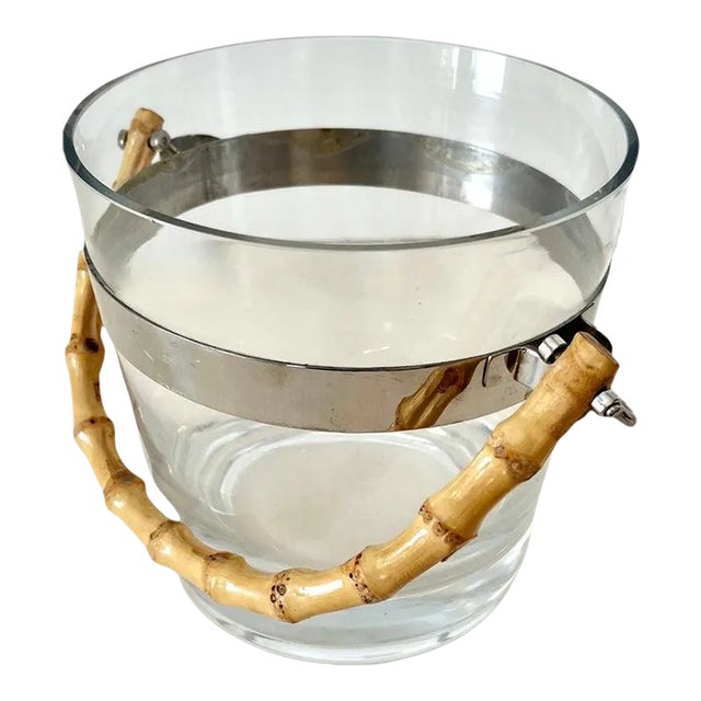 Glass Ice Bucket with Silver Stripe and Bamboo Handle in Style of Ralph Lauren For Sale