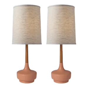 Mid-Century Table Lamp Ceramic & Teak—Brooke Desert Rose #2—Pair