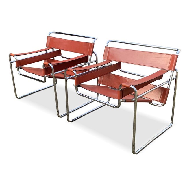 Tubular Chrome and Brown Tan Leather Wassily Chair / B3 Chair designed by Marcel Breuer - later version likely 1980's
