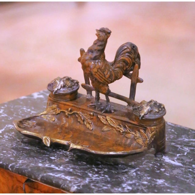 Late 19th Century 19th Century French Patinated and Gilt Spelter Rooster Inkwell Desk Set For Sale - Image 5 of 10