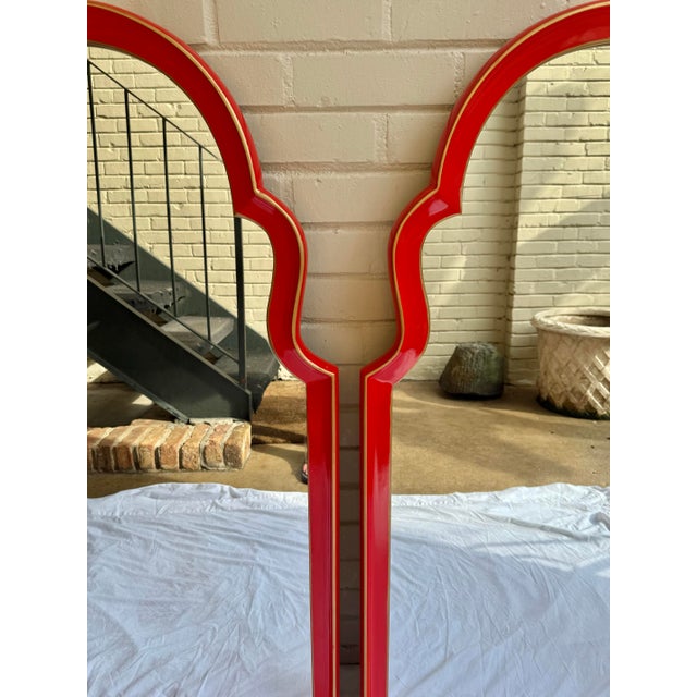 Vintage Mid-Century Arched Top Wall Mirror - Newly Painted Red with Gilt Accent, Pair This stunning pair of vintage mid-...